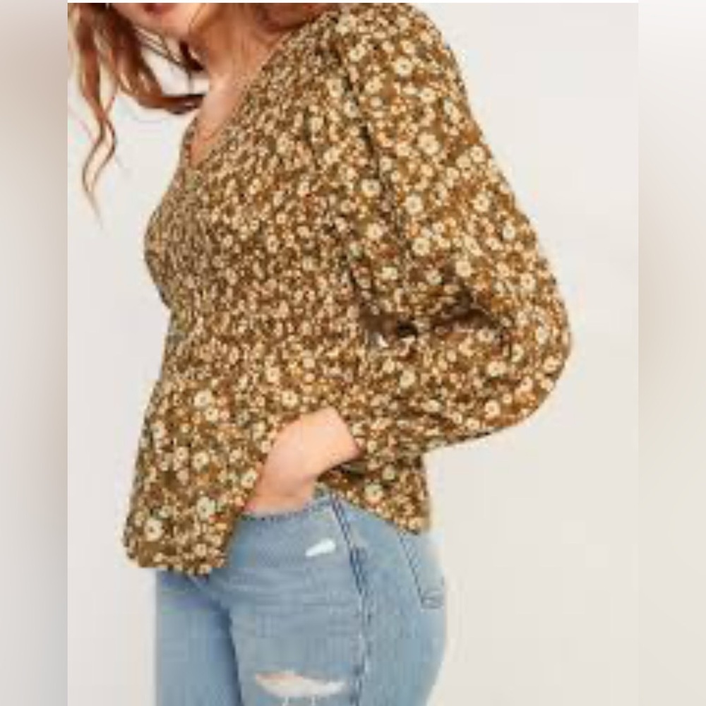 Woman’s 2X Floral‎ Smocked Peplum V Neck Boho Chic Cottage Core Earth Tone Tunic